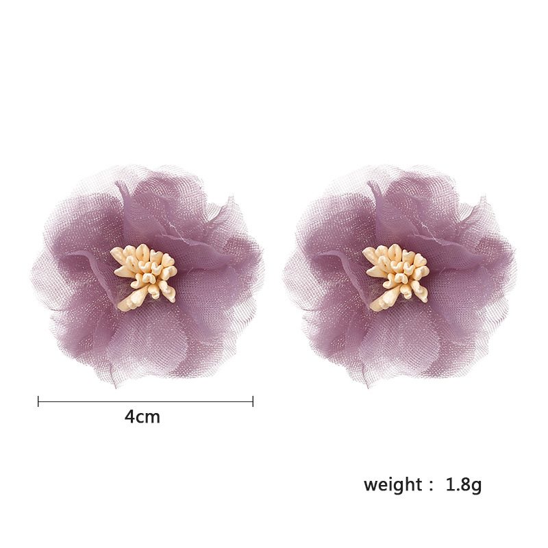 3g Weight Earrings Classification Housewarming, Anniversary, Business, Wedding, Travel, Birthday, Festival Occasion Chiffon Material Flower Pattern Women'S Gender Simple Style Style Purple, Green Color Korea Three-dimensional Mesh Chiffon Flower Retro Port Style Purple Earrings Wholesale 无