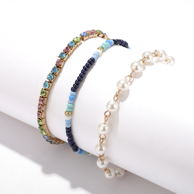 Bohemian National Wind Personality Beach Foot Jewelry Color Rice Beads Diamond Pearl Anklet 3 Piece Set Wholesale Nihaojewelry display picture 8