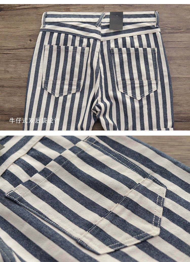 Amey's men's shorts were worn in slim shorts and retro navy blue and white canvas striped five-point trousers 15 undefined