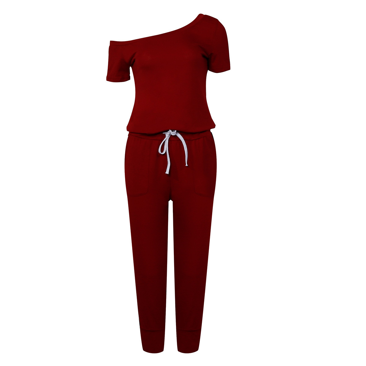 Women's Off-shoulder Jumpsuit With Pockets And Lace-up Details_voghion.com