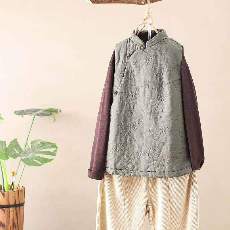 Autumn and winter new pattern Original literature Retro Ethnic style Vest Women's wear frog Ladies Sleeveless cotton-padded clothes Vest coat