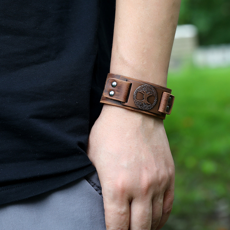 Viking Totem Lucky Tree Leather Retro Woven Punk Menu0027s Wide Leather Bracelet nihaojewelry