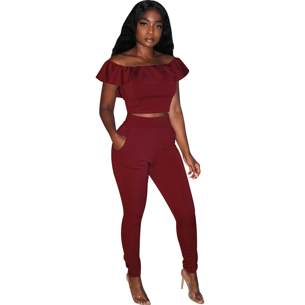 Sexy Ruffled Shoulder Top Pocket Slim Pants 2 Piece Set NSTYF72902