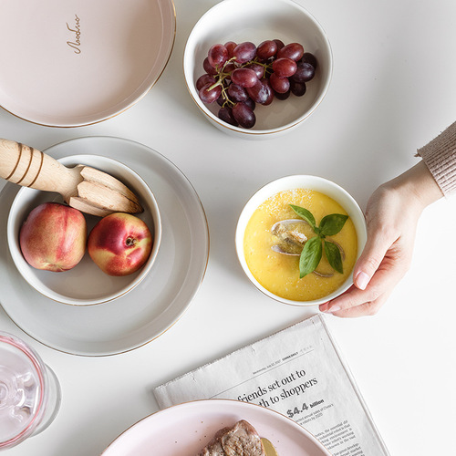 Nordic light luxury gold rim bowl set for home dining, bowl and chopsticks plate combination set, home INS tableware ceramic gift