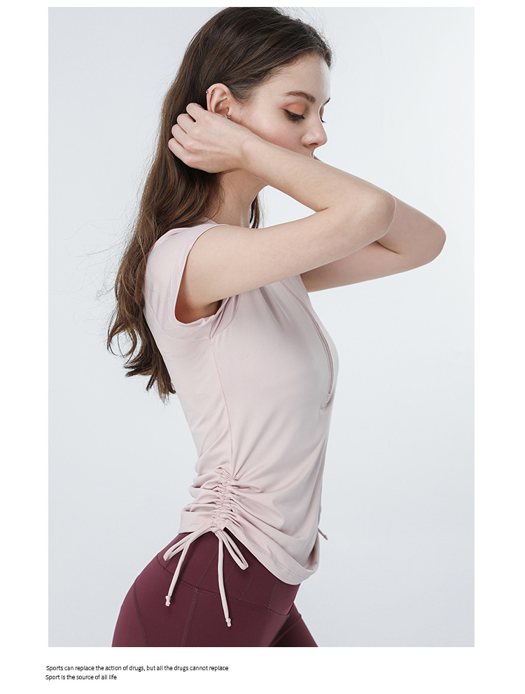 T-shirt à manches courtes à cordon de serrage européen et américain, vêtements de yoga, haut pour femmes, vêtements de fitness, de course à pied, slim et minces_voghion.com