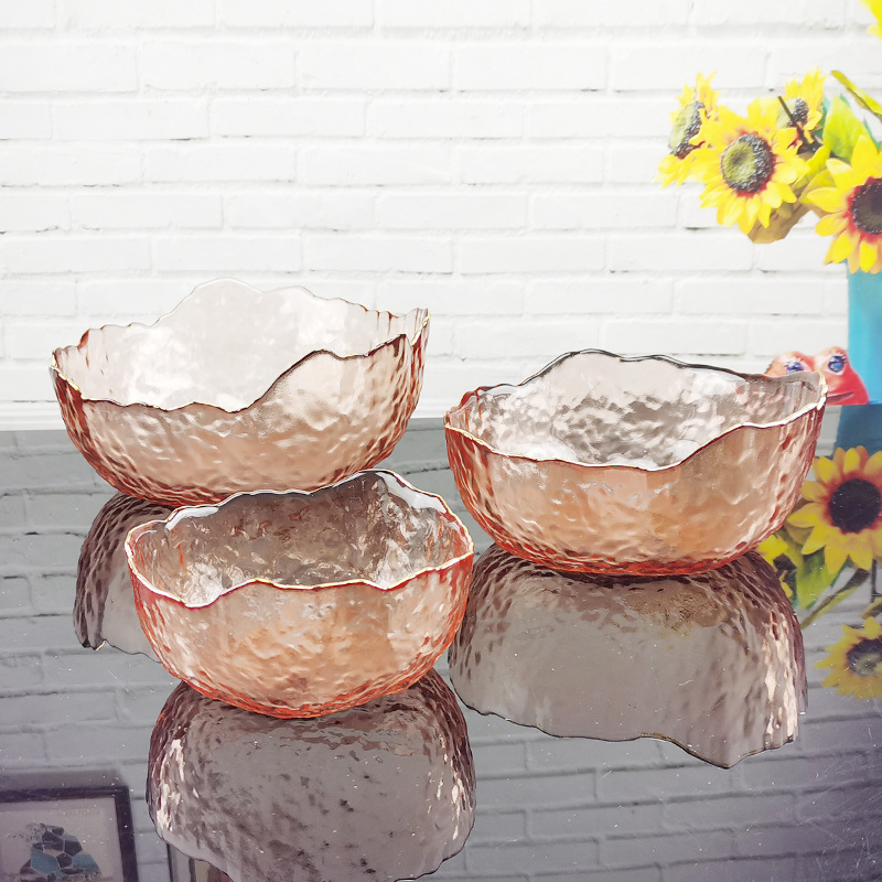 日式创意锤纹金边玻璃碗家用透明蔬菜水果盘沙拉碗盘北欧网红餐具