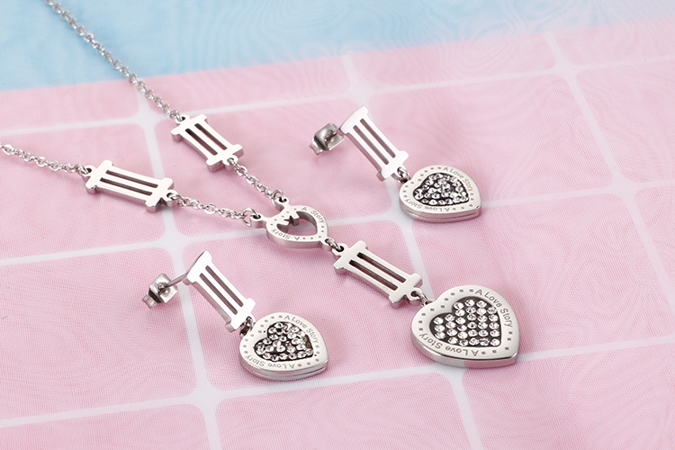 fashion heart-shaped stainless steel Roman numerals neckalce earrings set wholesale Nihaojewelry