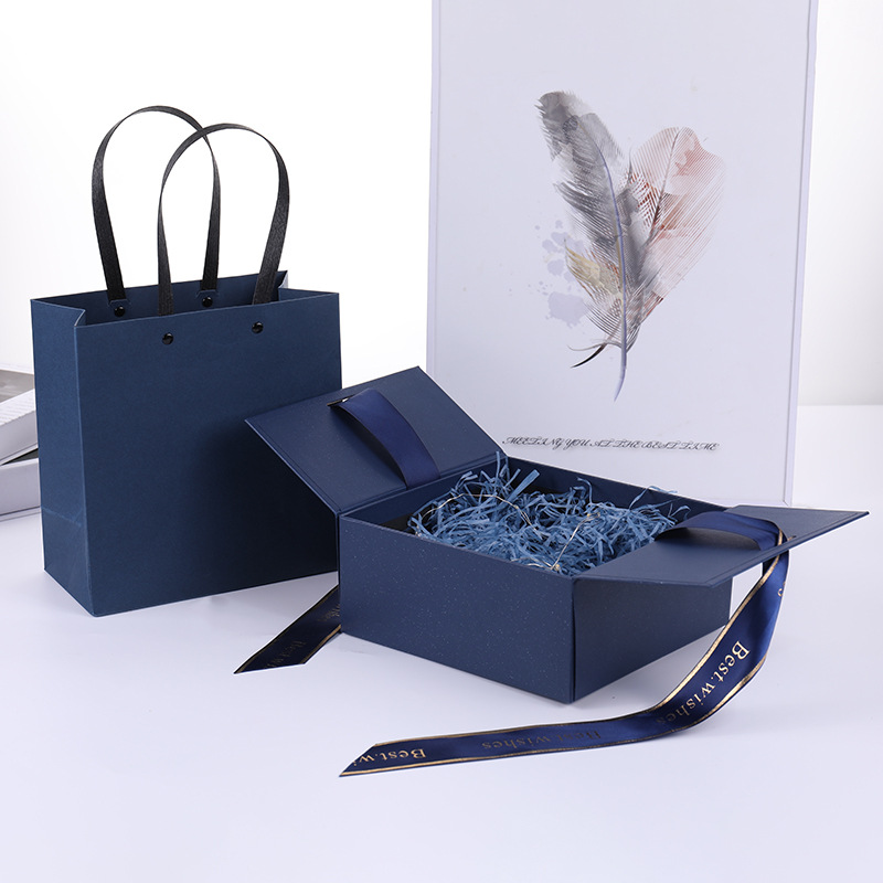 现货批发质感丝带翻盖礼品包装盒礼品袋两件套活动礼品包装套装