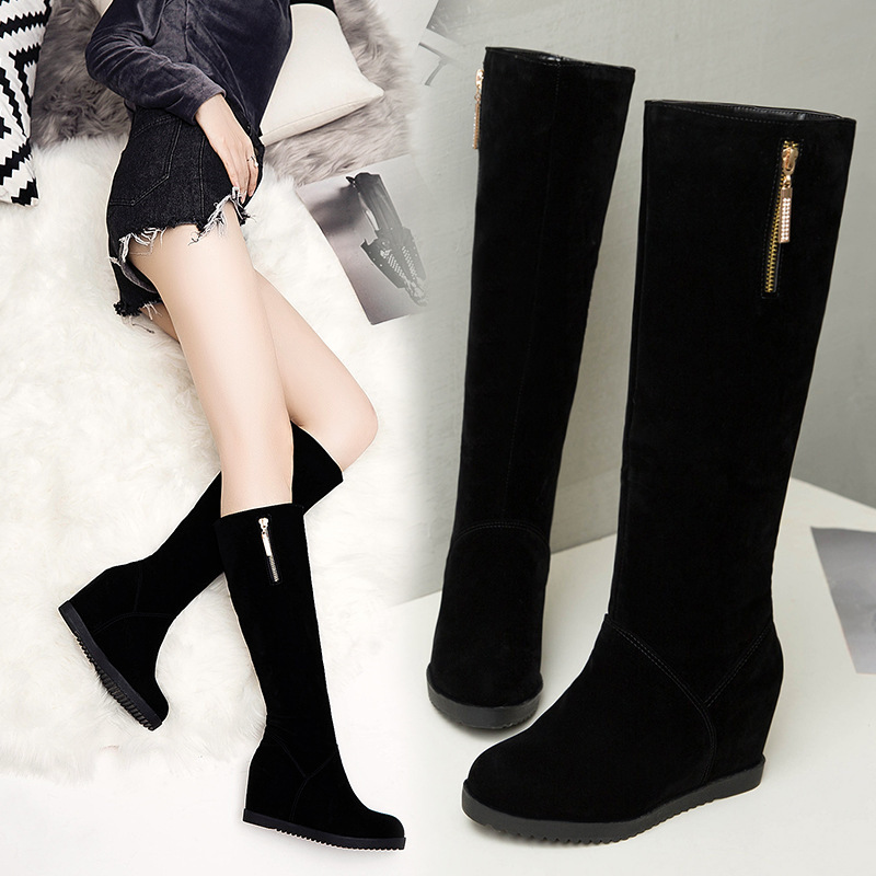 2018 Autumn and Winter New Women's Long Boots Wedge Flat High Boots Frosted Fleece Inner Height Thick Medium Boots for Women
