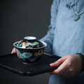古彩青瓷描金茶碗盖碗景德镇陶瓷茶具荷花厂家个性定制批