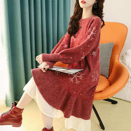 很仙的红色毛衣裙春秋2022新款甜美网红中长款过膝加厚针织连衣裙
