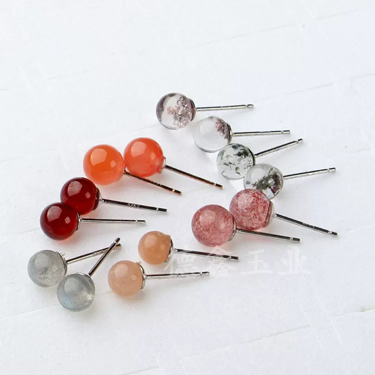 925银针水晶小清新耳钉 紫水晶 绿幽灵月光石 石榴石 小灯泡耳针