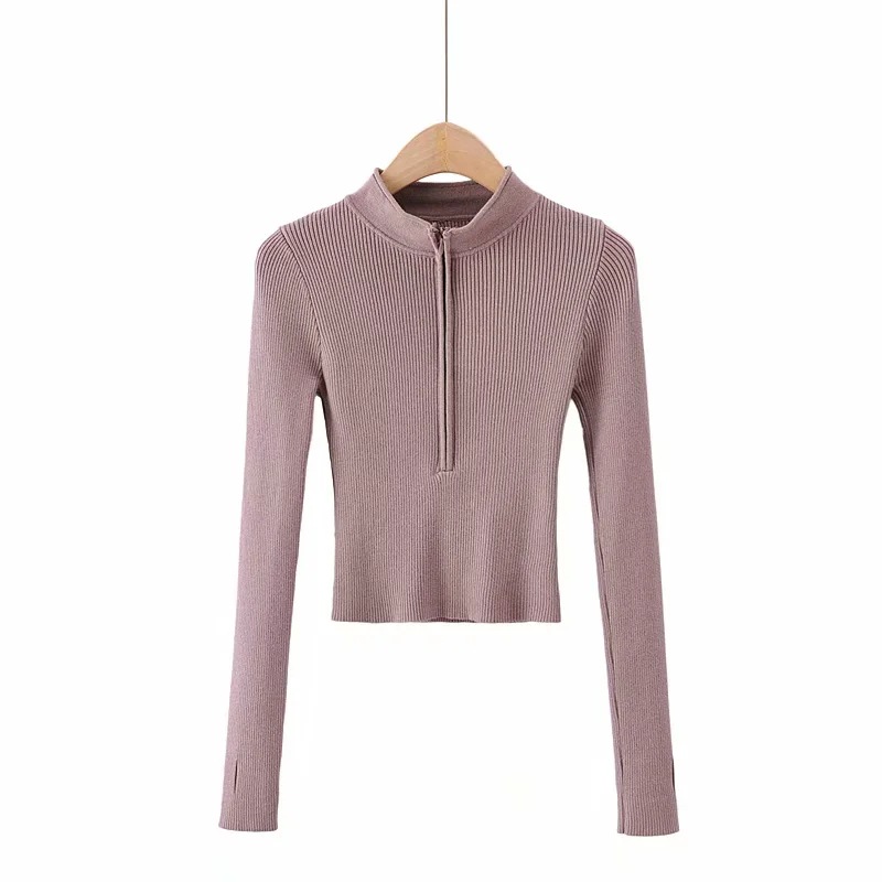 zipper stand collar solid color sweater NSAC31660