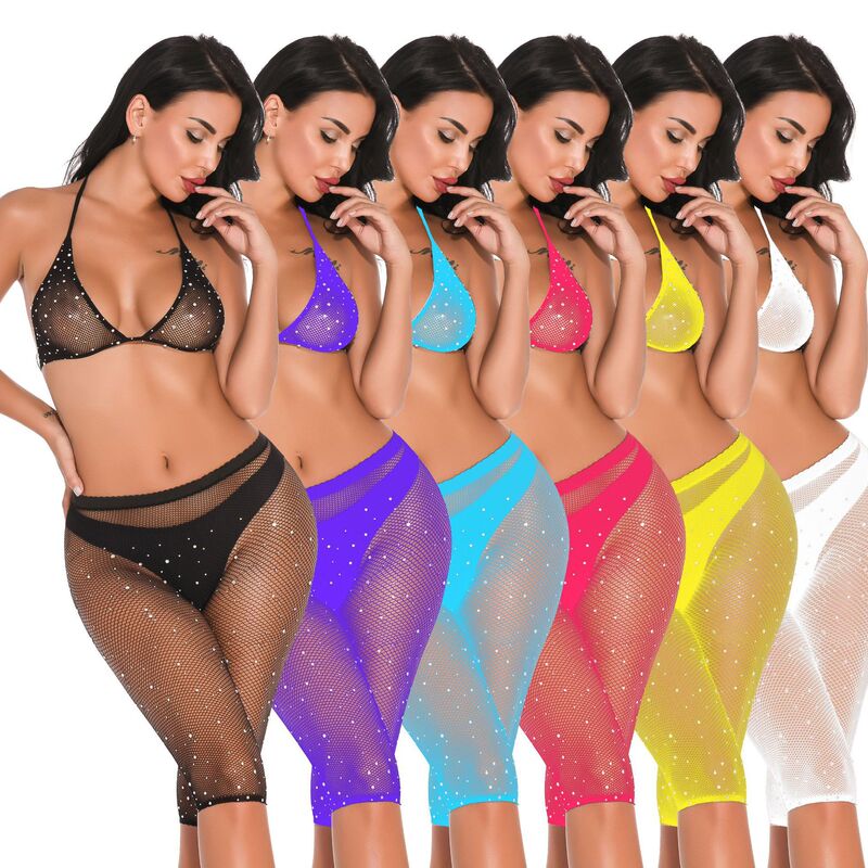 2019 Sexy Lingerie Fishnet Pantyhose Women's Loose Five-point Pants Small Mesh Bikini Rhinestone Set TZ01
