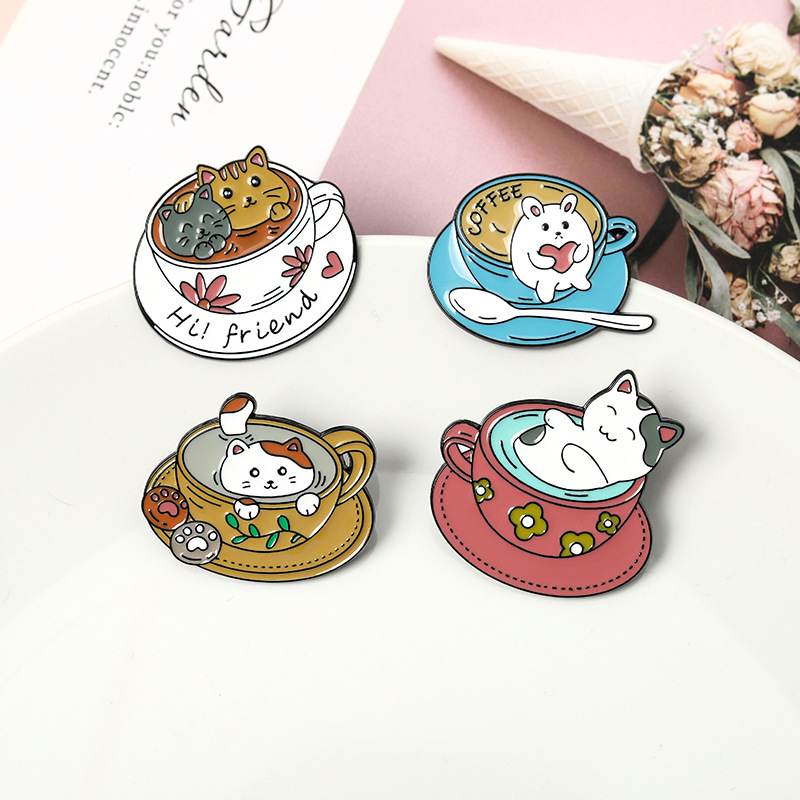 Creative Cartoon Cute Cat Coffee Cup Alloy Brooch display picture 1