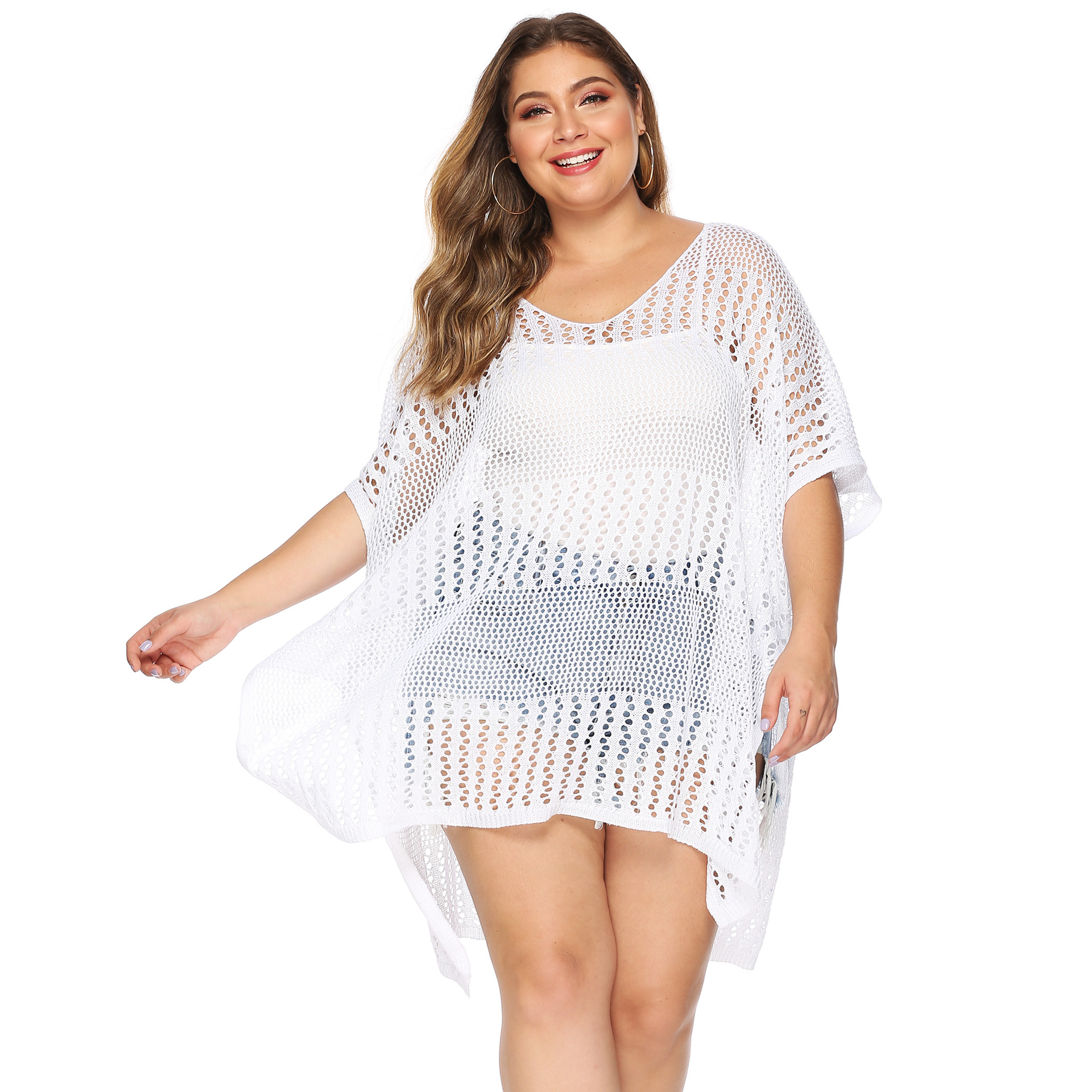 plus size hollow woven irregular split beach blouse  NSOY26792