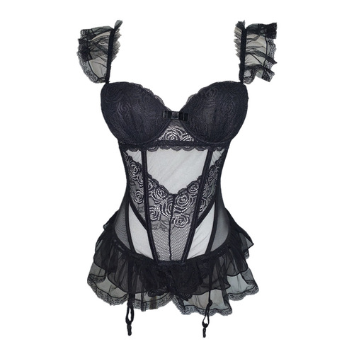 Congsha wholesales European and American high-end erotic lingerie suspenders and vests sexy see-through tulle nightgown open without taking off uniform