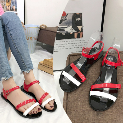 classic summer new pattern lady one word Bandage leisure time student Sandy beach Retro Flat bottom jelly crystal Plastic Sandals