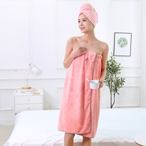 80*140 Coral Fleece Shower Robe with Bustier, Wearable Bath Towel, Ultra-Fine Fiber Dry Hair Hat Hotel Robe Set
