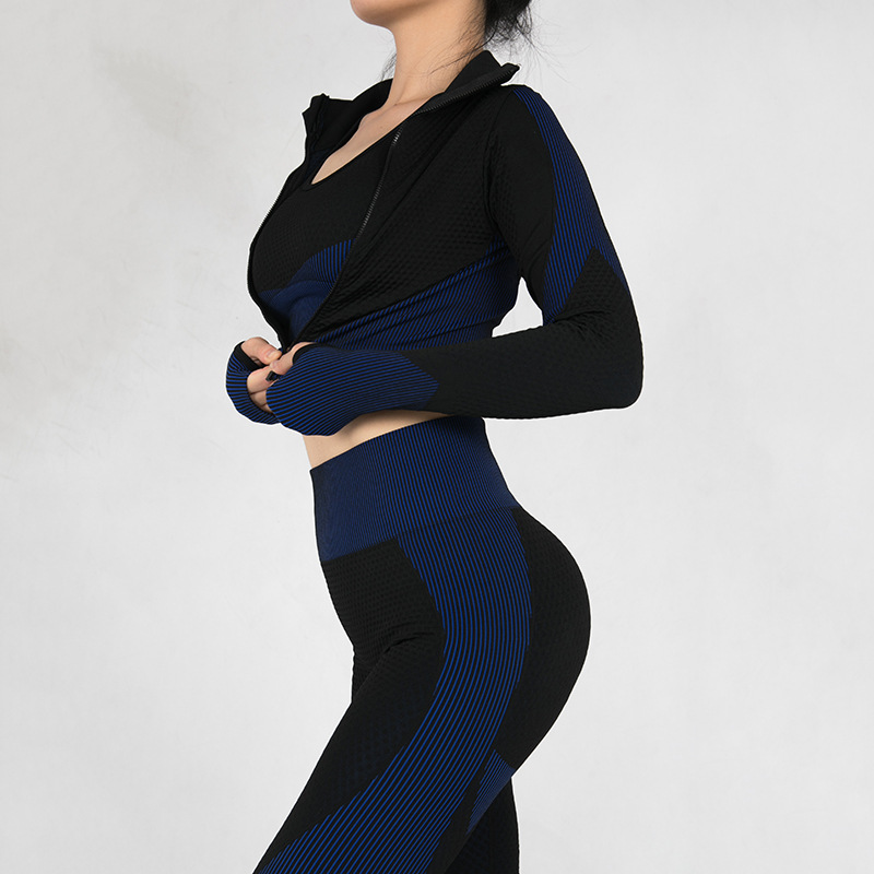 Amazon Outdoor Sports Zipper Cardigan Tight Yoga Set Striped Trousers Running Fitness Two-Piece Set Women