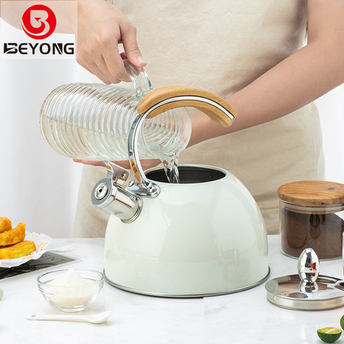 3L wooden handle white whistle kettle Amazon cross-border kitchenware stainless steel whistle kettle gas coffee brewing