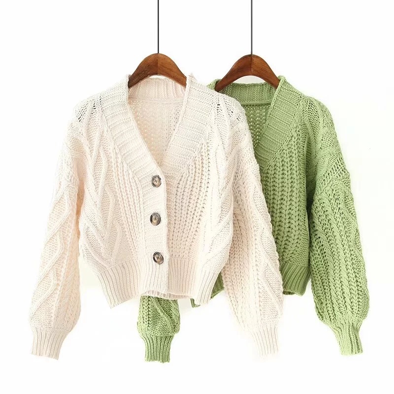 Autumn and Winter New Short Thick Needle Twist Lantern Sleeve Sweater Lazy Style Knitted Cardigan Coat Cross Border