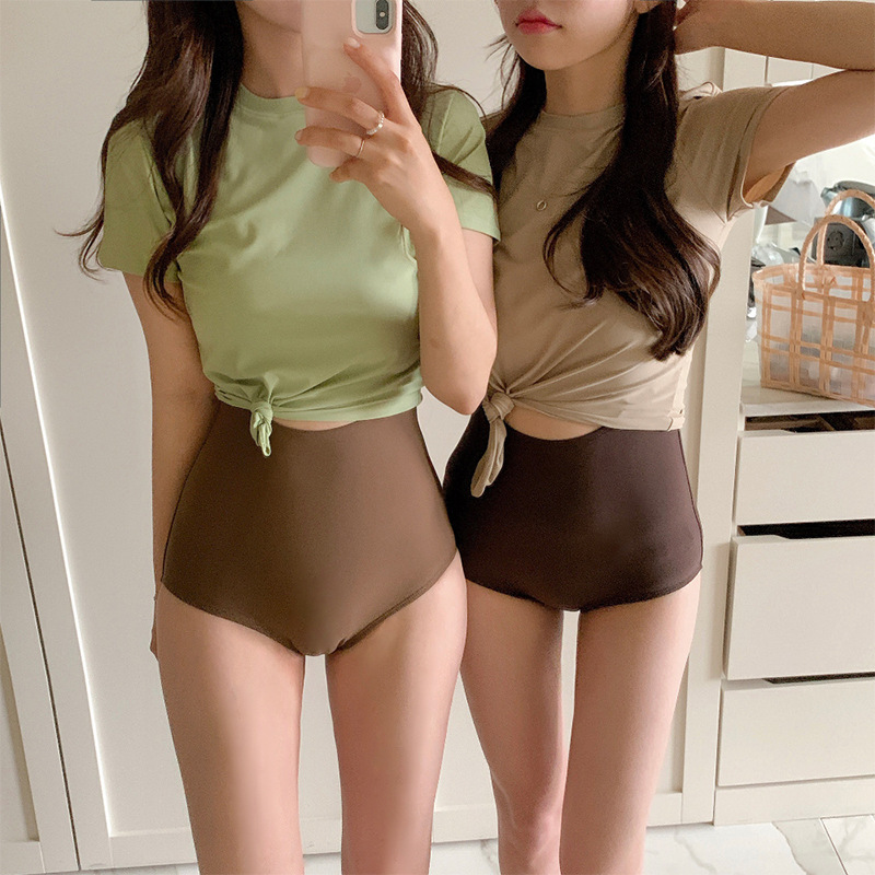 韩国裙式平角泳衣女带袖分体款两件套高领小胸聚拢温泉泳装