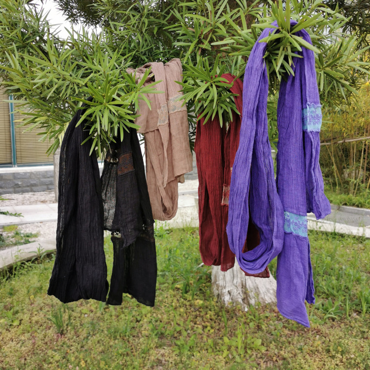 馥祯原创拼接花边苎麻围巾新款百搭压褶复古四季装饰女一件代发|ru