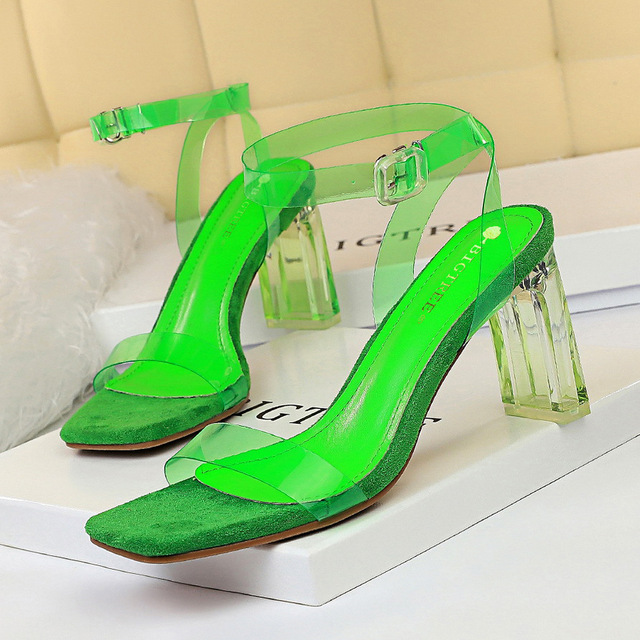 Korean fashion crystal heel thick heel transparent belt buckle Sandal