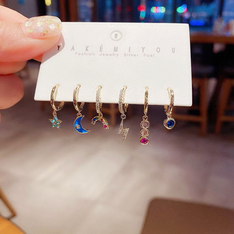 Korea Ear Buckle 6-piece Set Of Oil Star And Moon Rainbow Lightning Zircon Earrings Wholesale Nihaojewelry display picture 7