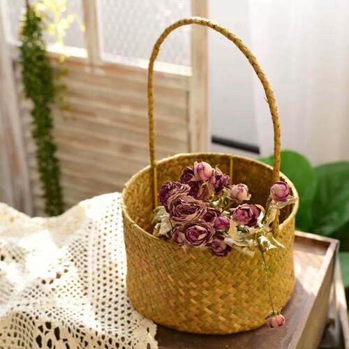Flower Basket Woven Hand-held Basket Grass Weaving Bamboo Weaving Handmade Flower Basket Water Grass Small Flower Basket Plant Basket