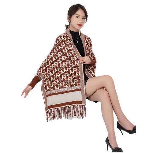 Autumn and winter knitted shawl for women with sleeves, versatile thickened warm cloak with tassels and scarf, dual-purpose cheongsam cloak
