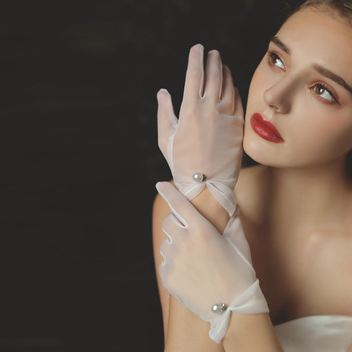 New bridal wedding dress gloves short tulle pearl white gloves