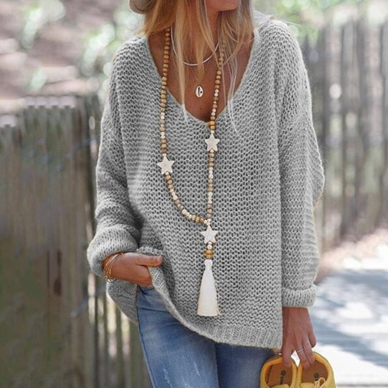 Damen Strickpullover Mit V-ausschnitt Und Langen Ärmeln_voghion.com