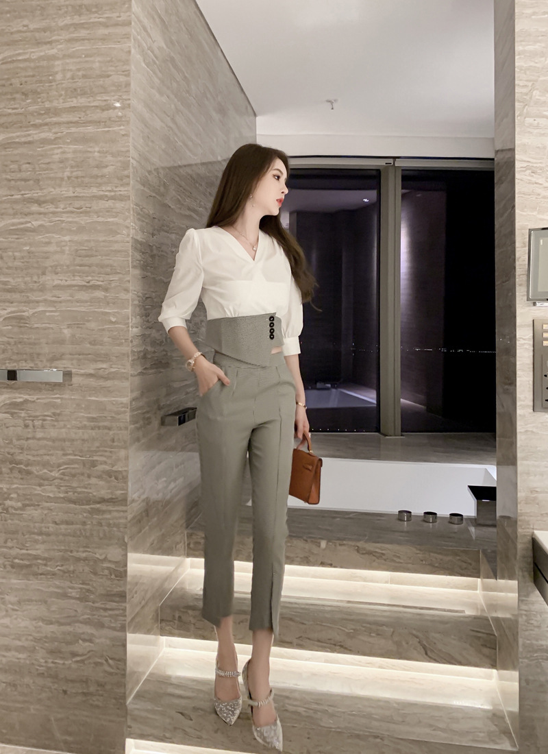 Bộ đồ houndstooth mùa hè nữ áo sơ mi phối quần ống nhỏ hai mảnh — Ca rô Houndstooth chi tiết 14