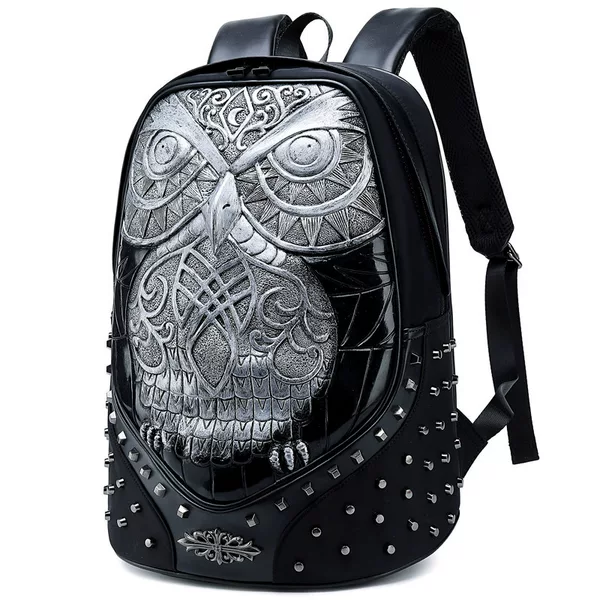 Embossed Three-Dimensional Owl Computer Bag Street Trendy Punk Backpack for Climbing Travel Women's Waterproof Leather Backpack