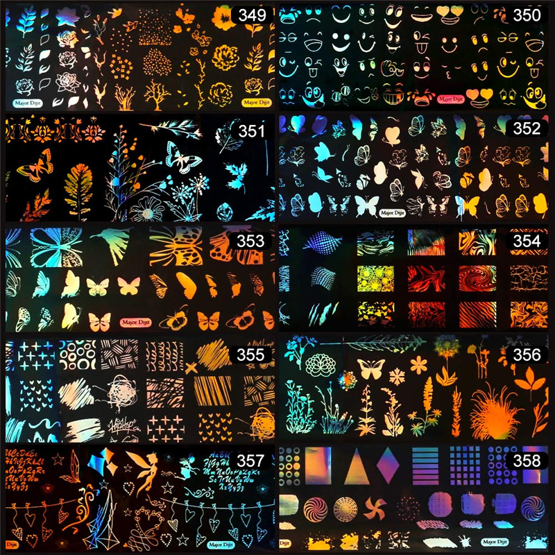 Suministro transfronterizo de hojas de uñas punk cara sonriente cielo estrellado papel colorido pegatina de transferencia láser mariposa cielo estrellado papel