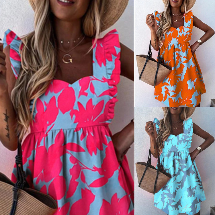 Spot 2023 Summer new women's clothing Amazon hot European and American explosions square collar printed fashion large swing dress