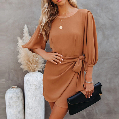 歐美爆款純色連衣裙 法式套頭高腰不規則連衣裙 法式複古連衣裙