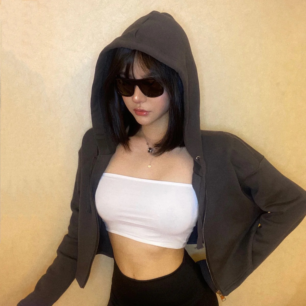 zipper solid color hooded sweatershirt NSHS30987