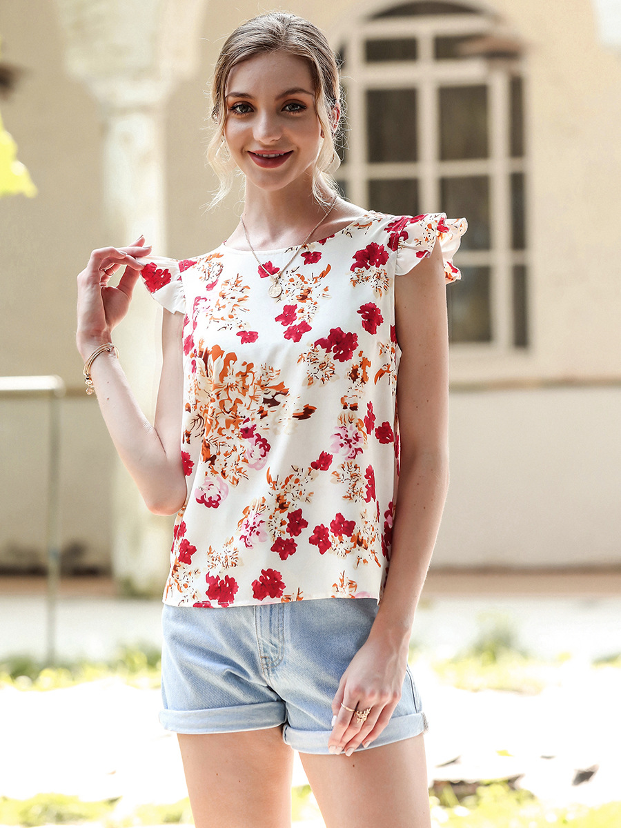  New Printed Round Neck Cap Sleeve Top  NSAL2900