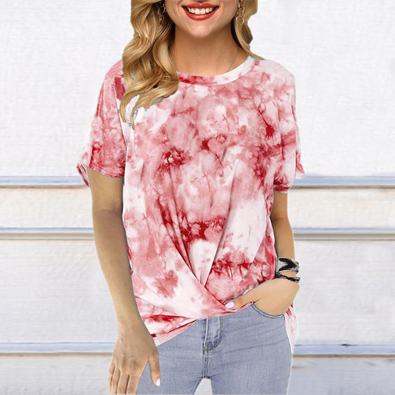 Tie Dye Printed Round Neck Short-Sleeved Twisted T-Shirt NSYHY106401