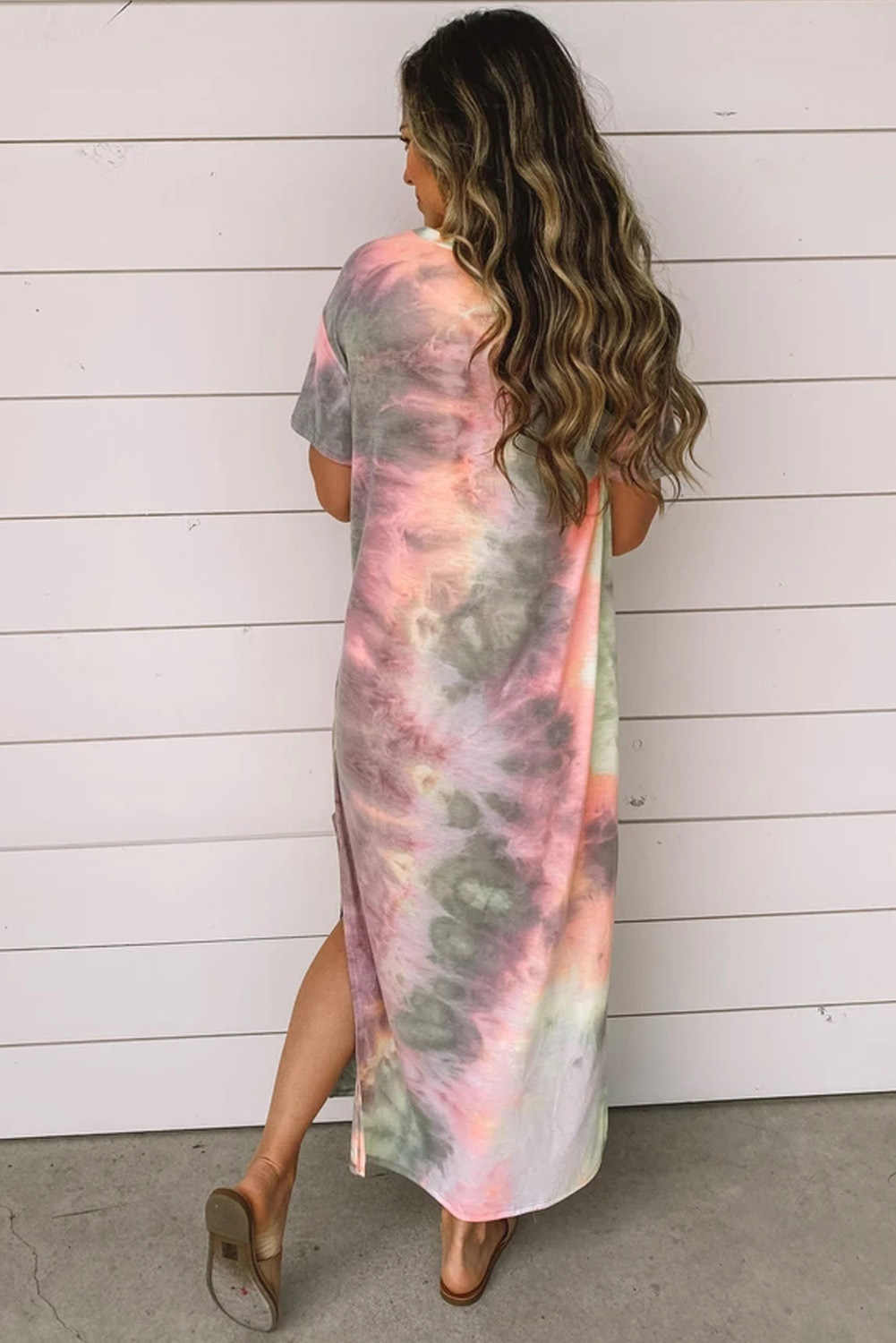 short-sleeved pad-dye summer loose round neck pullover split long dress NSSI2420