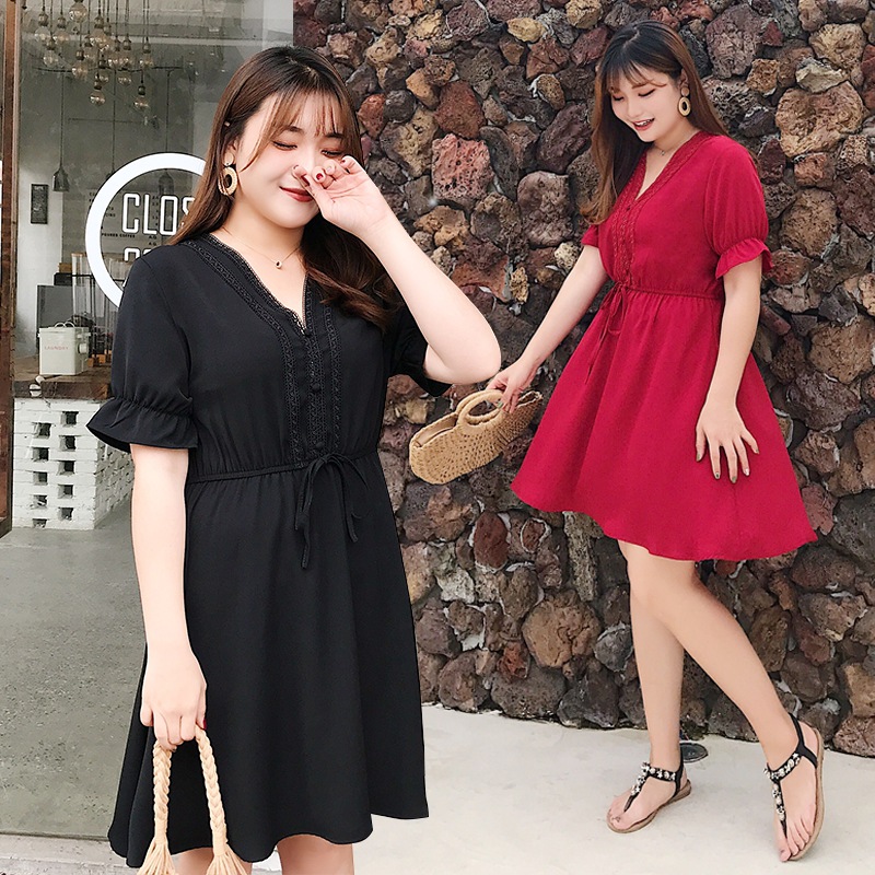 大码遮肚连衣裙200斤胖mm2020夏装新品宽松荷叶袖韩版中长裙2005