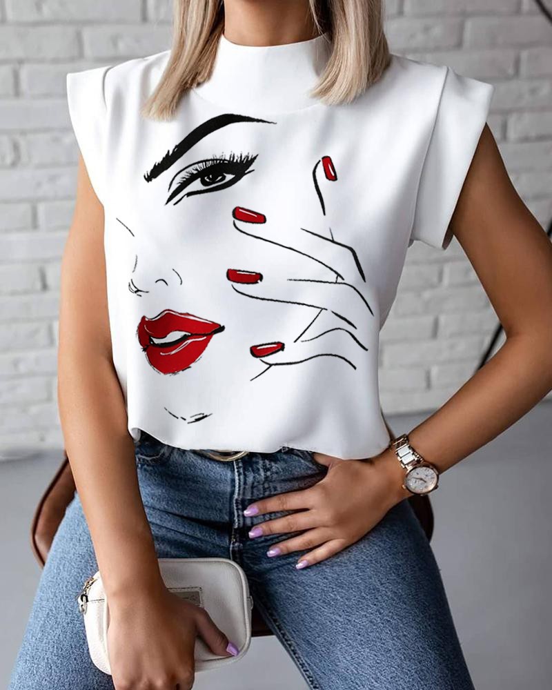 Frau Bluse Kurzarm T-shirts Drucken Patchwork Mode Menschliches Gesicht display picture 12