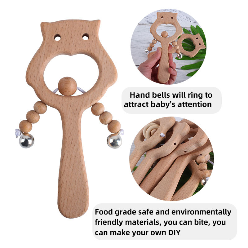 Nuevo DIY dibujos animados haya mano palo juguete mordedor búho marrón oso sonajero juguete mordedor