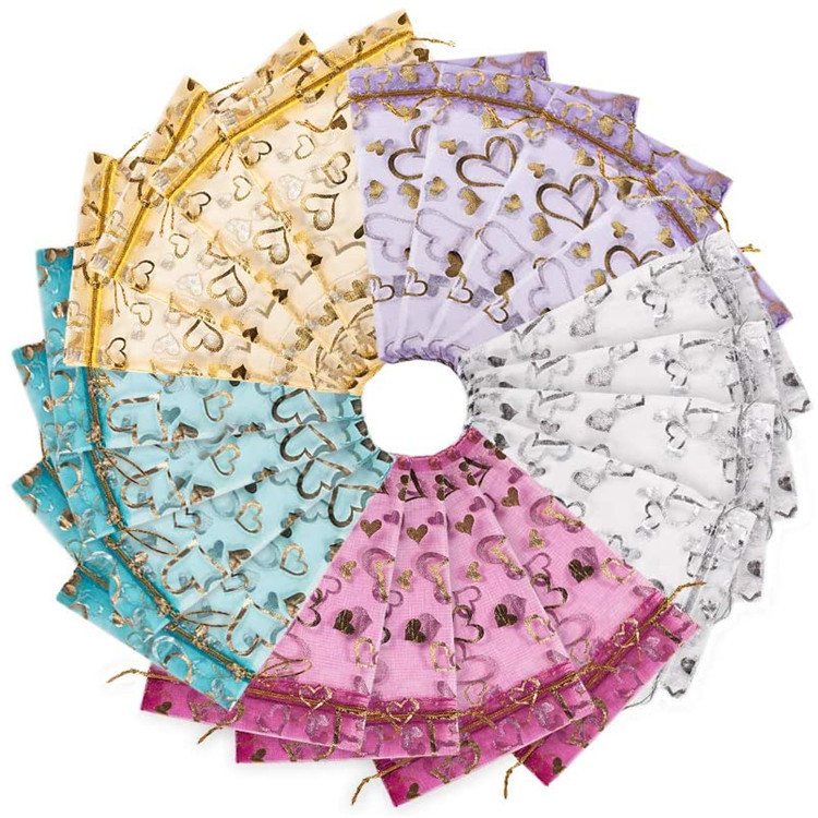 现货10*12爱心烫金欧根纱袋/婚庆喜糖袋/化妆品小样雪纱束口网袋