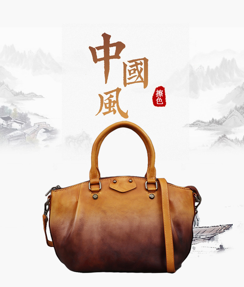 Túi tote da thật vẽ tay phong cách Trung Hoa cổ điển, dung tích lớn — Xanh lam cổ điển, Vàng cổ điển, Đỏ cổ điển chi tiết 1