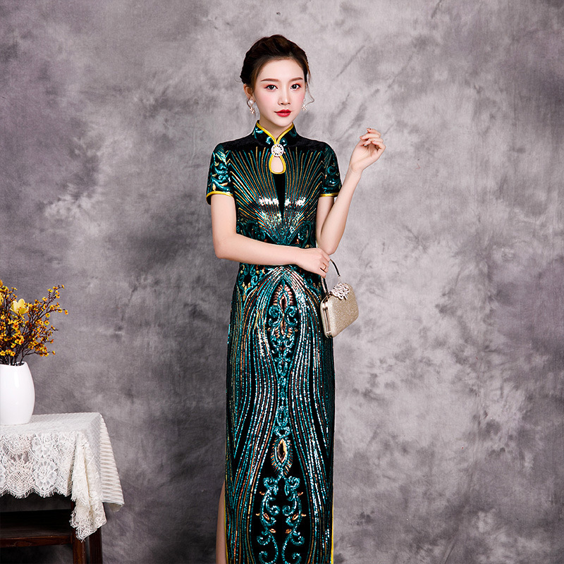knee length dresses for ladies Plus Size Floral Modern Long Sleeve Dress Cheongsam Qipao – Pluspreorder main image 1