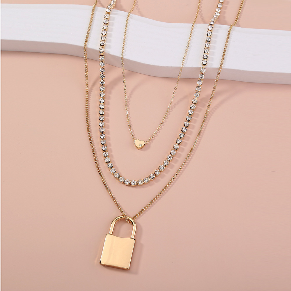 fashion alloy inlaid rhinestone lock pendant multilayer necklace wholesalepicture4
